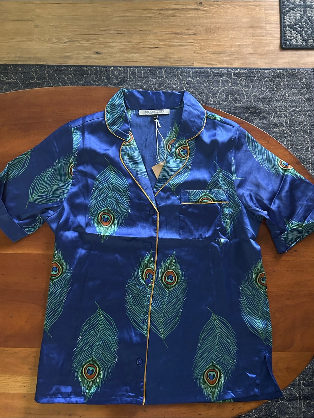 Their Nibs satin NWT Peacock Print Short Sleeve Pajama Top - Blue